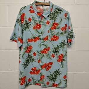 SUPERMAN Mens Tropical Hawaiian Shirt Button-Down Short Sleeve Size LARGE Comic